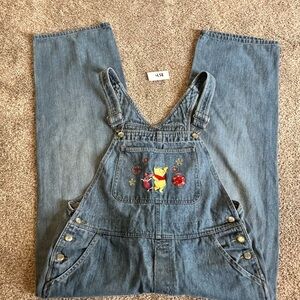 Vintage Winnie Pooh Denim Bib Overalls Embroidered L Carpenter Wide Leg Disney
